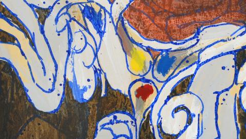 Pierre ALECHINSKY (Bruxelles, 1927), Les fameuses couleurs primaires (détail), 1973.  Peinture acrylique sur papier marouflé sur toile, Legs R. Van Ooteghem, N° d’inv. AM1495.