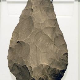 Biface lancéolé (moulage). D’après un original de : Algérie, El Ma-el-Aboid, -1,7 Ma à -300 000. Silex taillé. 7,5 x 13,5 cm. N° inv. D385. UCL - Collection de Paléontologie des vertébrés. 