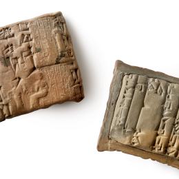 Tablette comptable dans son enveloppe : reçu consigné lors du versement d’un acompte sur le revenu d’un champ – écriture cunéiforme, Mésopotamie, Drehem, 3e dynastie d’Ur, règne de Shulgi, 2095-2042 av. J.-C. Argile. 5,7 x 5,1 x 2,9 cm. N° inv. MB410. Fonds ancien de l’Université. 