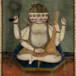 Brahmâ jouant de la vinâ, Inde du Nord, 2e moitié 19e s. Peinture sous verre. 57,5 x 42,5 cm. N° inv. BO388. Donation Boyadjian. 