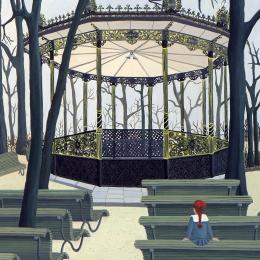 Micheline Boyadjian, Le kiosque en hiver, 1966, Peinture a l’huile sur panneau maroufle, Legs J. Naets, N° inv. AM2976